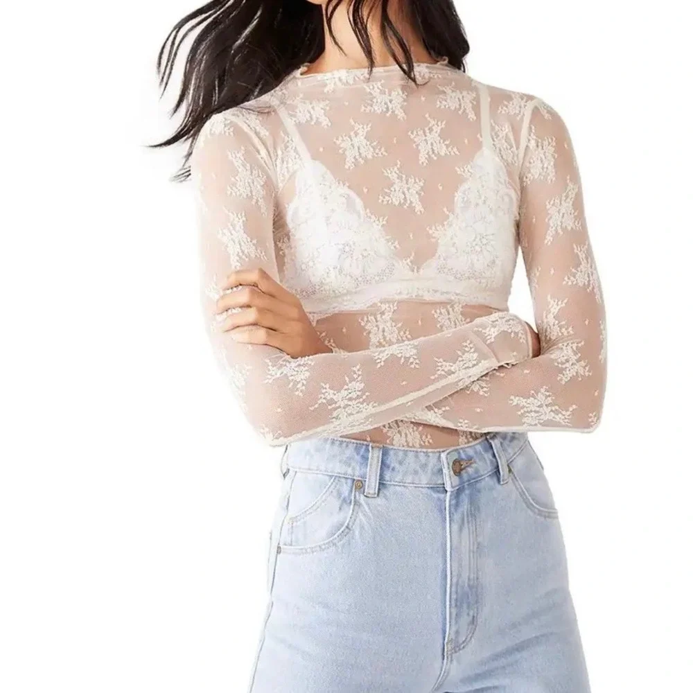 Intimately Free People Lady Lux Jacquard Sheer Lace Mock Neck Long Sleeve Top M